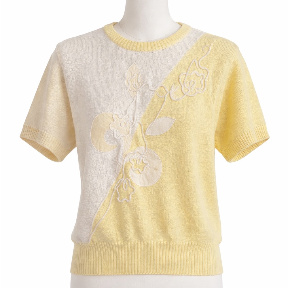 Vintage Savion Floral Appliqué Knit Sweater Top Yellow Cream USA Women’s Sz 6